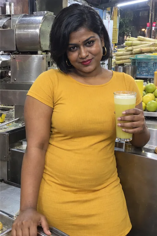 Girl in a yellow dress holding a glass of sugarcane juice