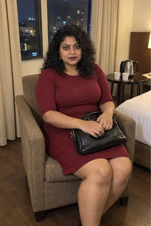 Rentadolls.net girl in a red dress waiting in a Bangalore hotel room