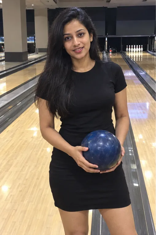 Rentadolls.net girl in a black dress at a bowling alley
