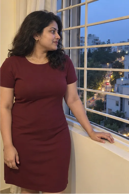 Bangalore escort from Rentadolls.net standing by a window in the evening