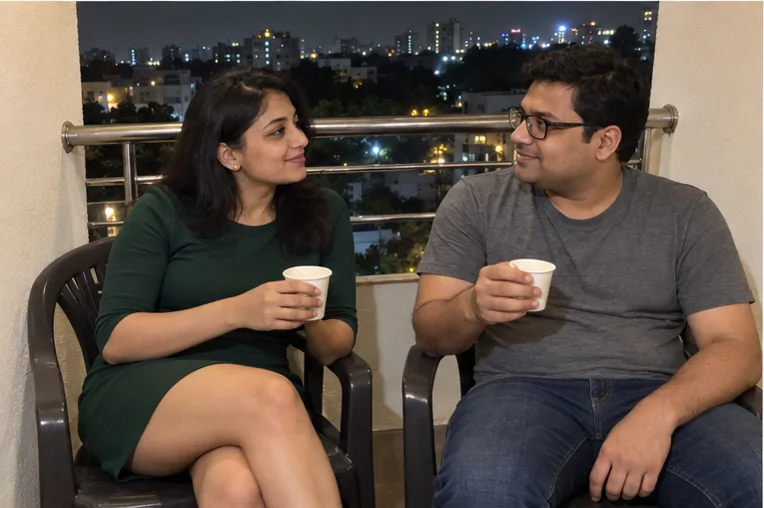 Rentadolls.net girl and her client drinking tea on a hotel balcony in Bangalore at night