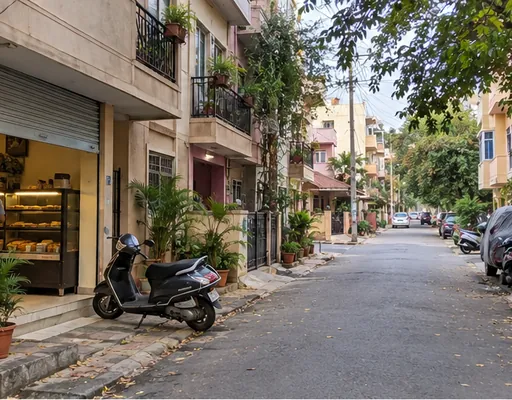 Banaswadi lane with houses and a corner bakery