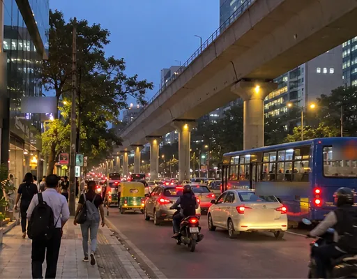 MG Road, Bangalore, under the metro line in the evening